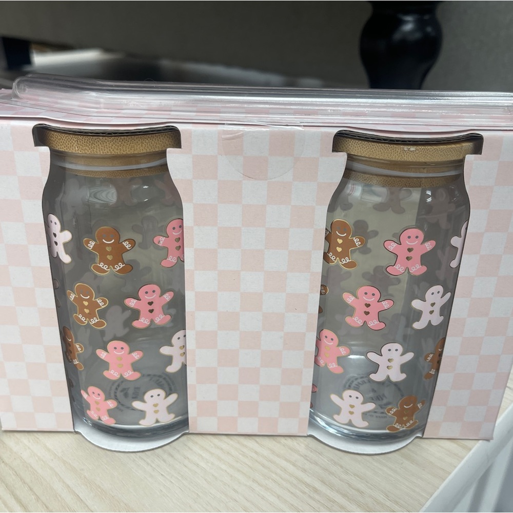 PINK Gingerbread Viral Peppermint & Pine Glass Tumbler Cup w/Straw Set of 2 NWT
